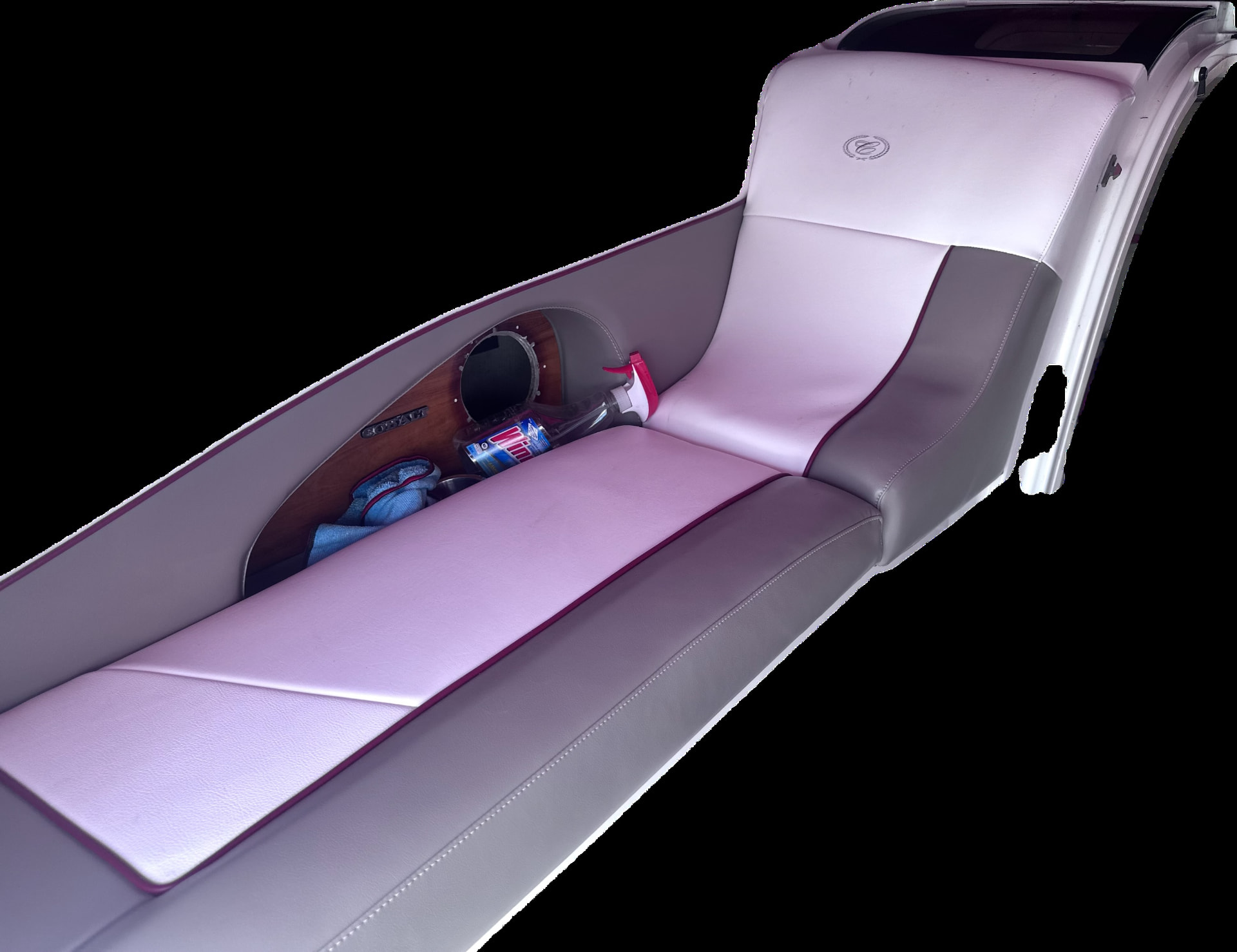 Custom pink and white boat seat cushion in southeastern Ohio