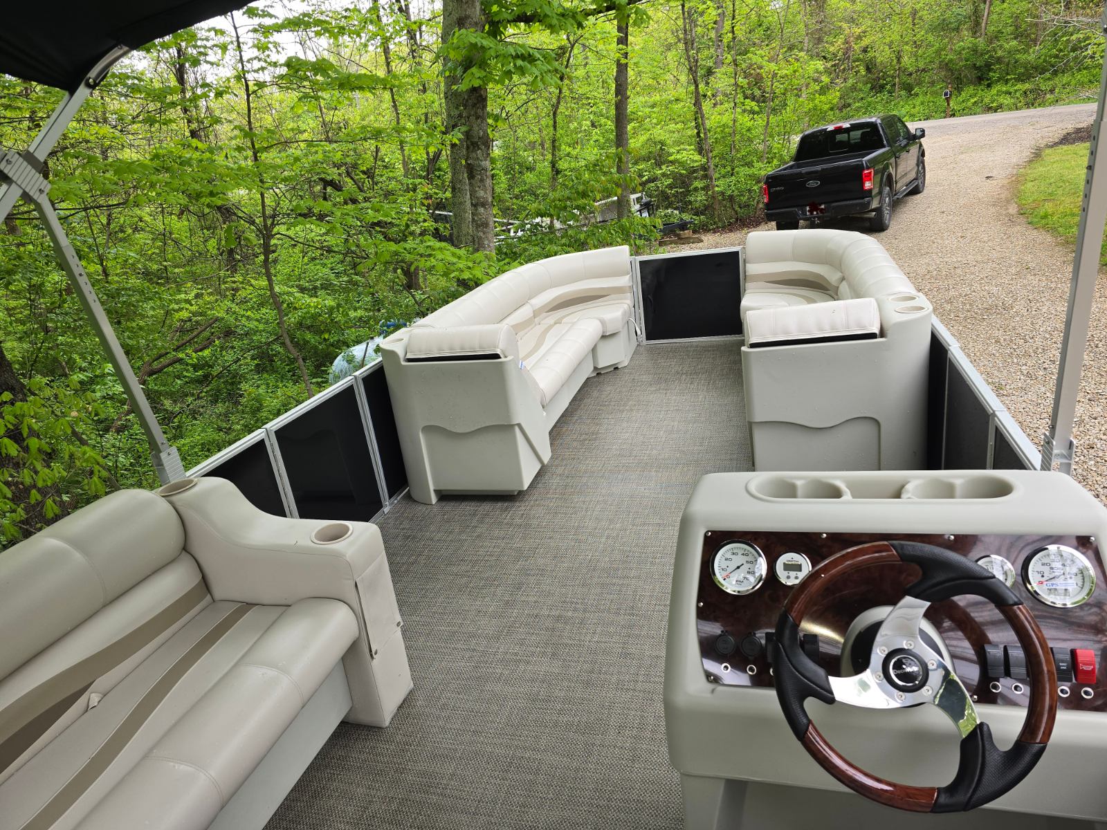Pontoon helm and seating with new upholstery in southeastern Ohio