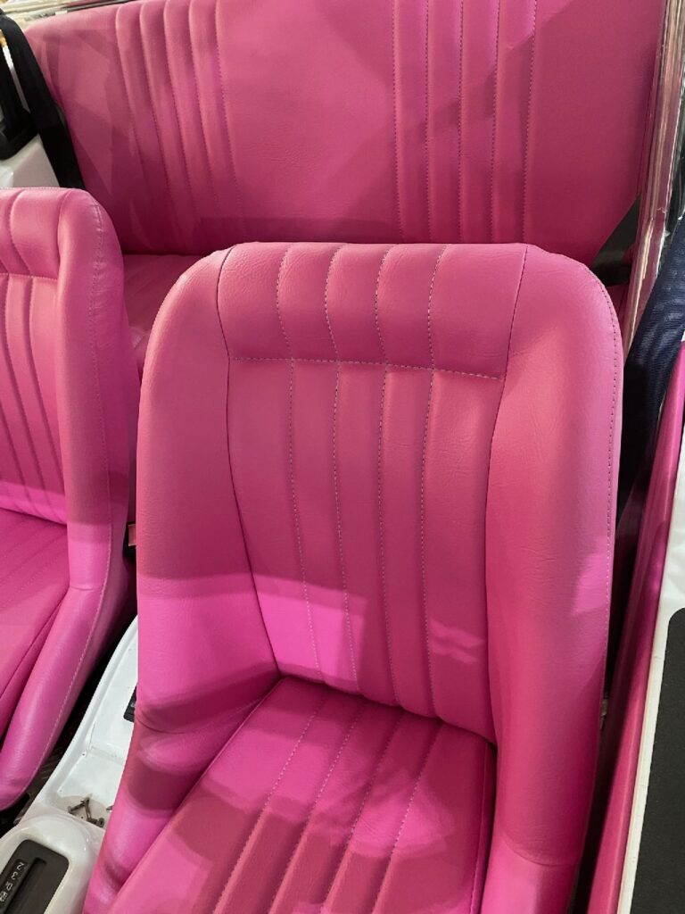 Newly upholstered pink dune buggy seat in southeastern Ohio