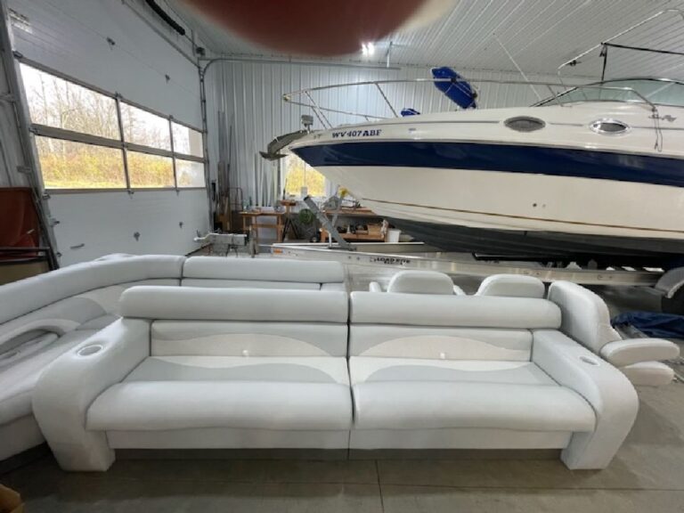 Completed white and gray boat seating in southeastern Ohio