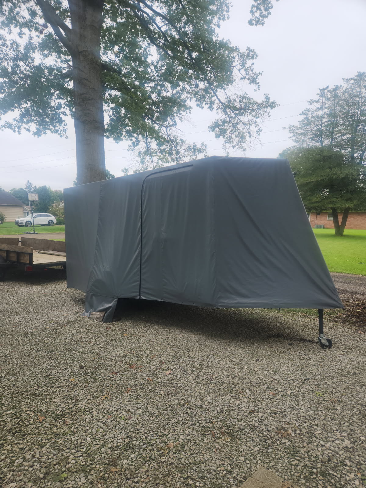 Gray custom cover on a trailered boat in southeastern Ohio