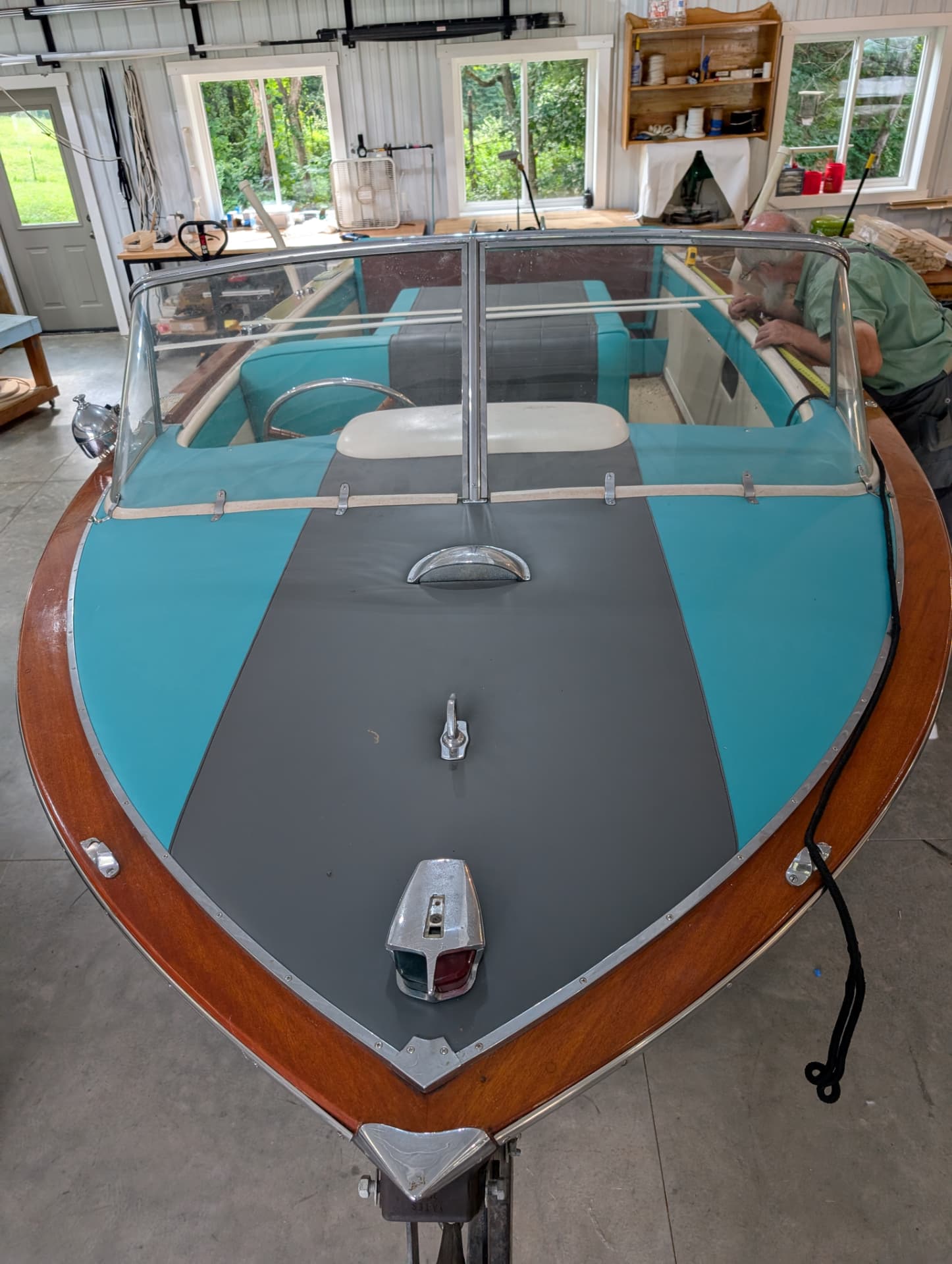 Detailed turquoise and gray marine upholstery in southeastern Ohio